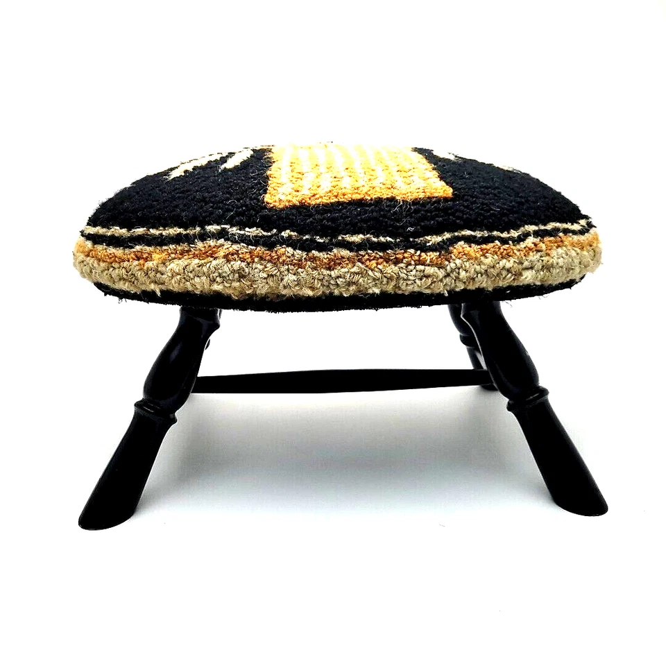 Винтажный вышивка табуретка для ног шпиндель ноги овальный черный белый желтый цветочный - Изображение 2 из 4