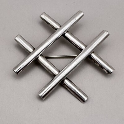 Modernist Hash Tag Number Pound Tic Tac Toe Brooch Symbol Signed Sterling Silver