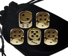 (5) Weighty Zinc Alloy Dice Polished Gold Tone w/Black Pips + Storage Pouch New