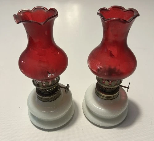 Vintage Miniature Milk Glass Oil Lamp with Red Glass Chimneys