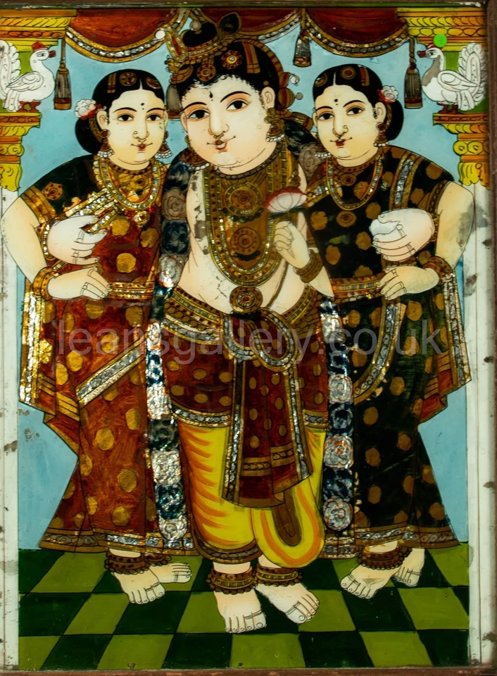 Glass Painting,  Reverse, of Lord Krishna, with Consorts Rukmini and Satyabhama - Image 3 of 4