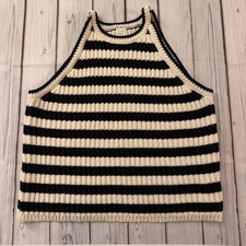 A New Day Womens M Striped Knit Tank Top Black Cream Halter Neck Sweater Vest