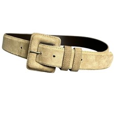 Vintage women  s SM vegan suede belt tan beige square buckle fits waist 27  -32  
