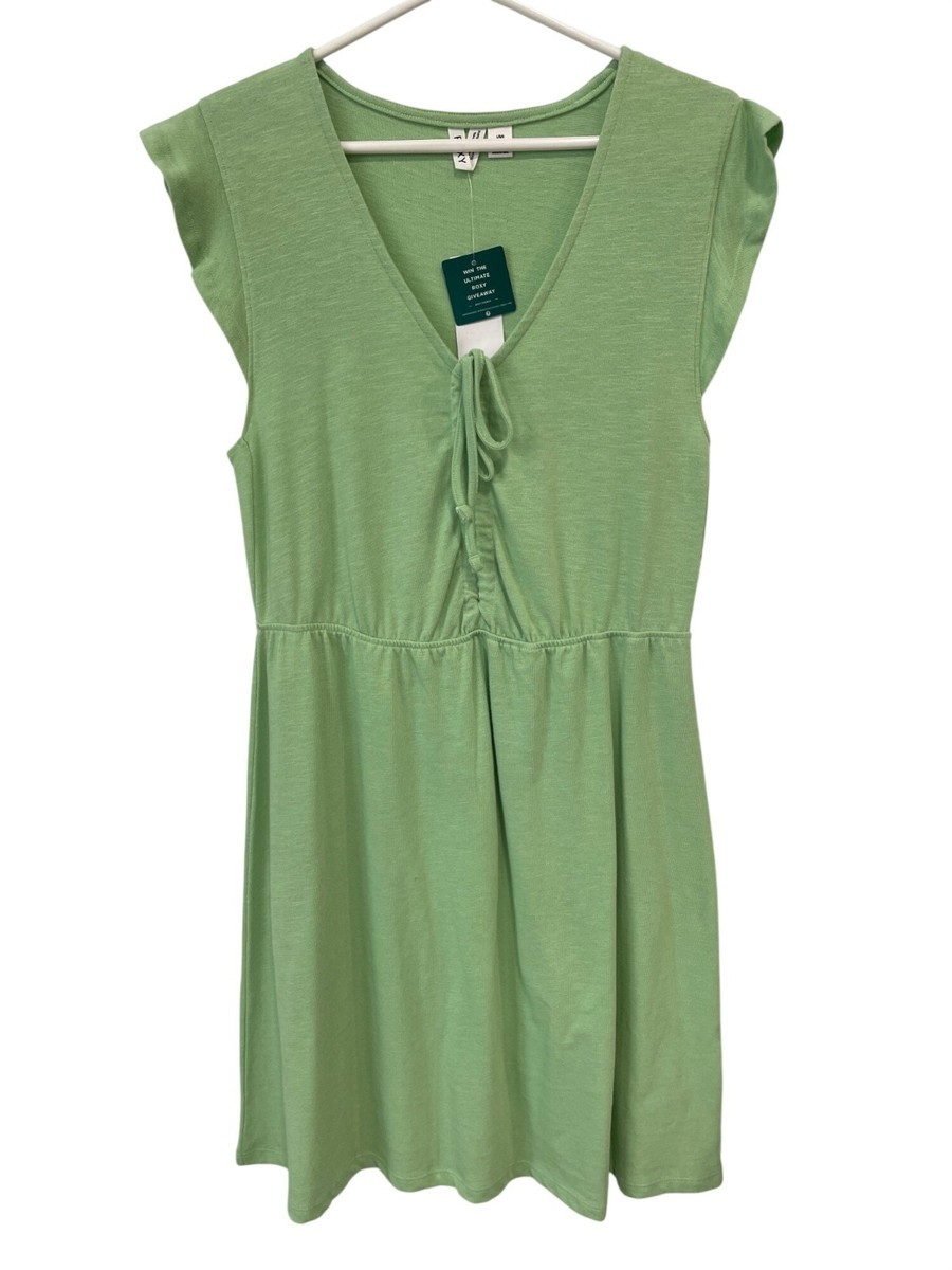 green roxy dress Flirty Vibes Size Large Cinched VNeck Flutter Sleeve Summer NEW AC3