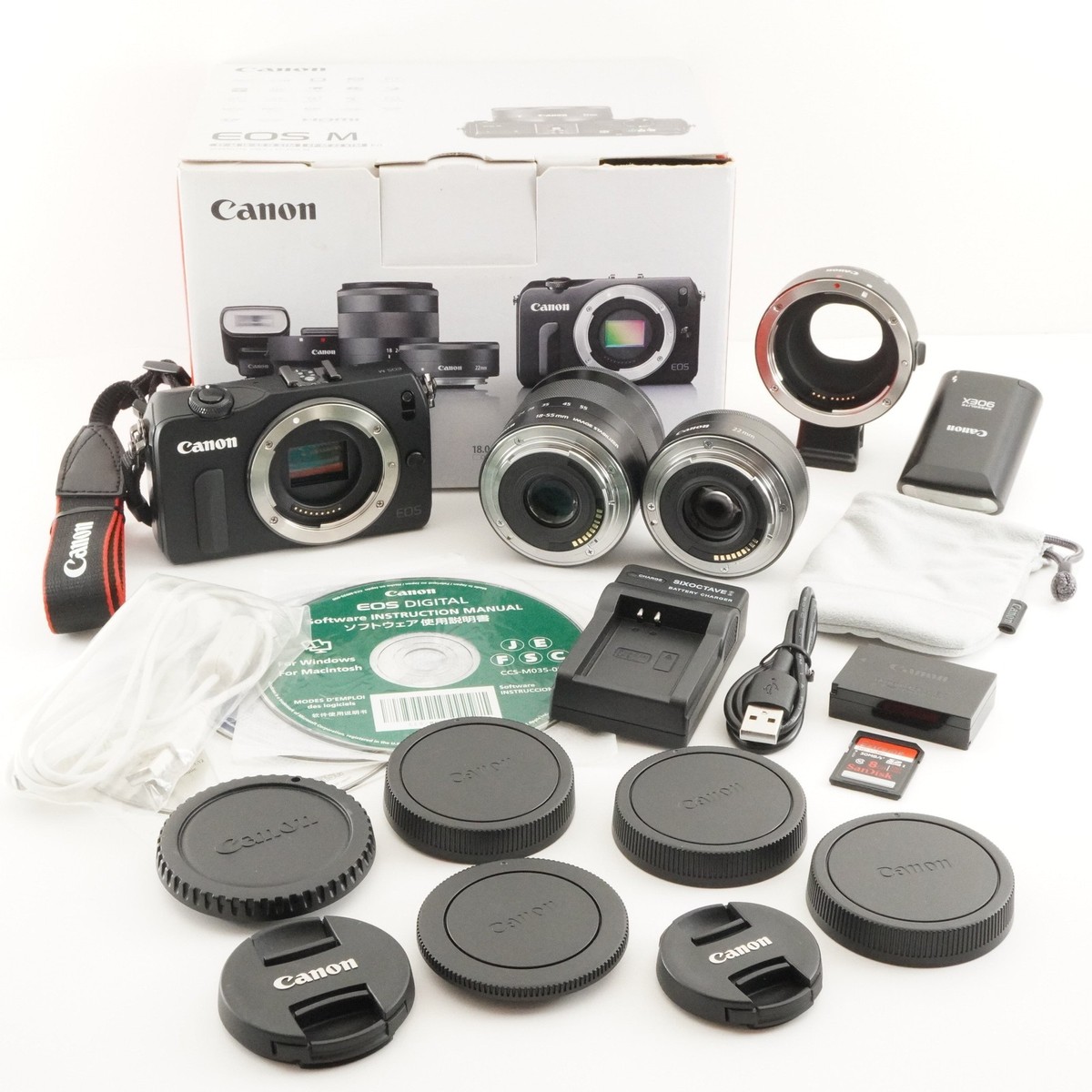Canon EOS M Black + EF-M 22mm + 18-55mm + Accessories In Box from