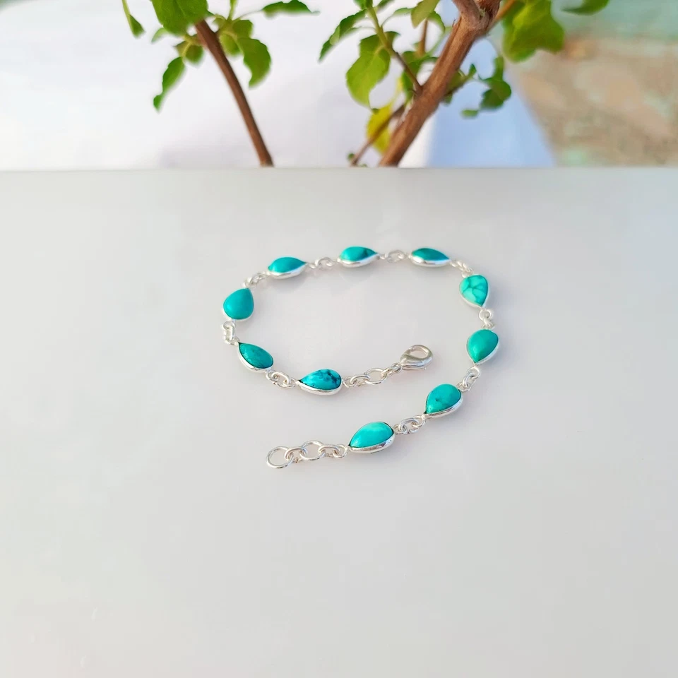 Natural Turquoise Gemstone Bracelet 925 Sterling Silver Handmade Jewelry - Image 4 of 4