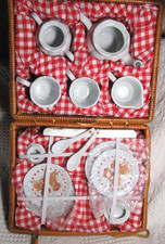 Vintage Teddy Bear Tea Set in Wicker Basket, Service for Two Children