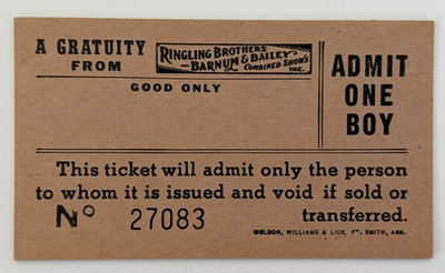 c.1930s Ringling Brothers Barnum Bailey Circus Ticket Admit One Boy