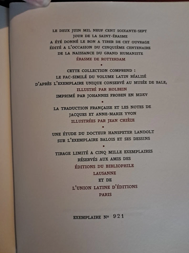 ÉRASME Éloge de la Folie 1967/fac-simile 1515 +Trad./Illustr. Jean Chièze  - Photo 3/4