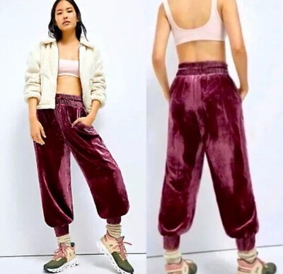 By Anthropologie Pants Red Maroon Velvet Joggers Tapered Cuffs MP Petite