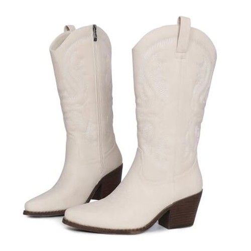 Womens Cowboy Boots Embroidered Western Cowgirl Mid Calf Boots with Block