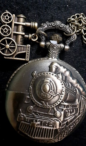 Vintage Style Locomotive Train Quartz Pocket Watch Men Gift Bronze w/Train Charm - Picture 8 of 9