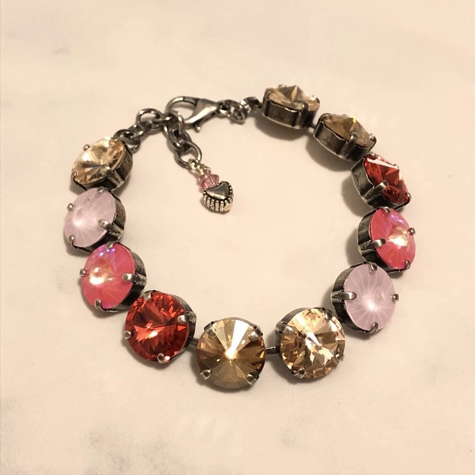 Brazalete Swarovski Elementos Cristal Rosas y Coral 12mm Atq Plata Copa Cadena Nuevo Foto 3 de 4