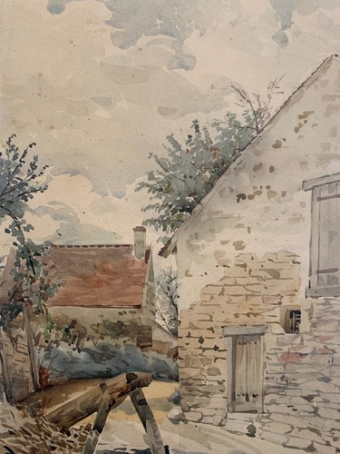 Aquarelle XIX Village Maison Campagne Nature Province Ciel Arbre Soleil France - Photo 8/10