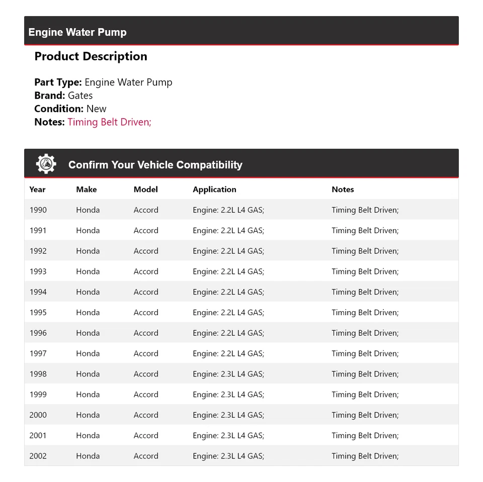 Puertas bomba agua motor Honda Accord 1990-2002 1991 1992 1993 1994 1995 1996 Foto 2 de 4