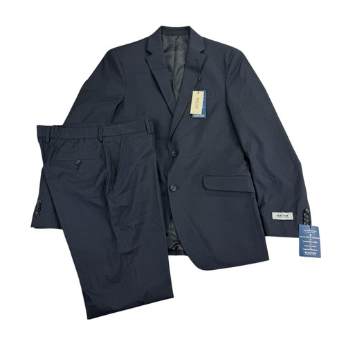 Kenneth Cole Mens 2-Piece Ready Flex Slim Fit Plaid Suit Navy Blue 40L 33W