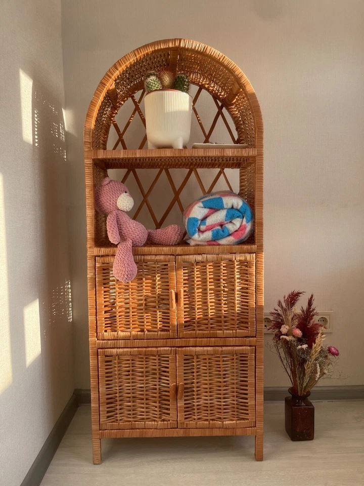 NEW arched cabinet with doors wicker book shelf ecofriendly boho furniture - Image 3 of 4