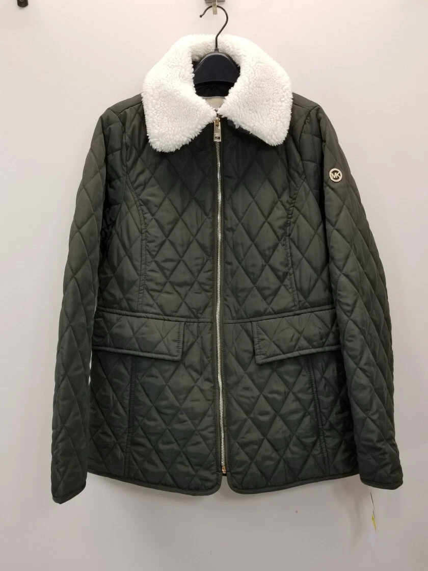 *NUOVO CON ETICHETTE*Michael Kors giacca trapuntata donna collo sherpa oliva taglia S