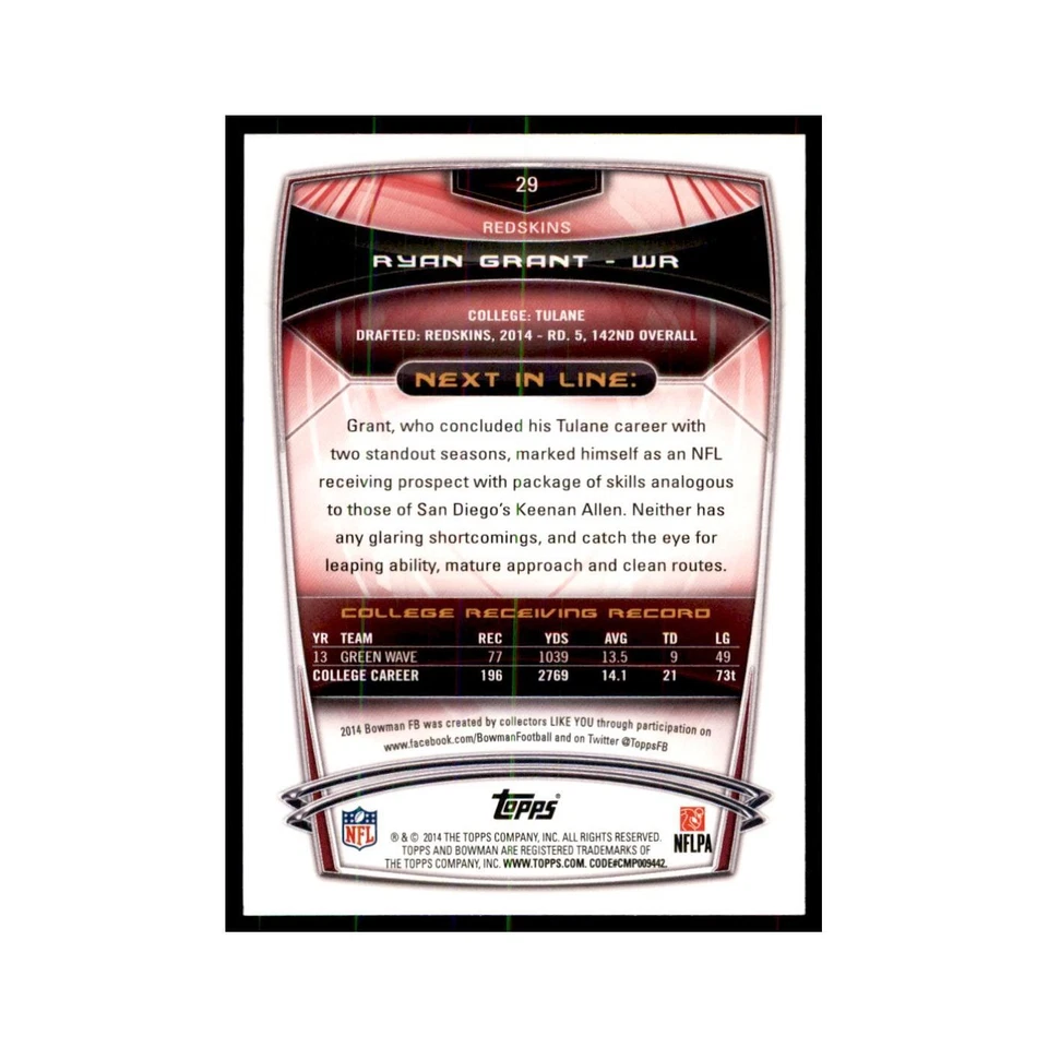 2014 Bowman Ryan Grant RC Football Cards #29 - Image 2 of 3