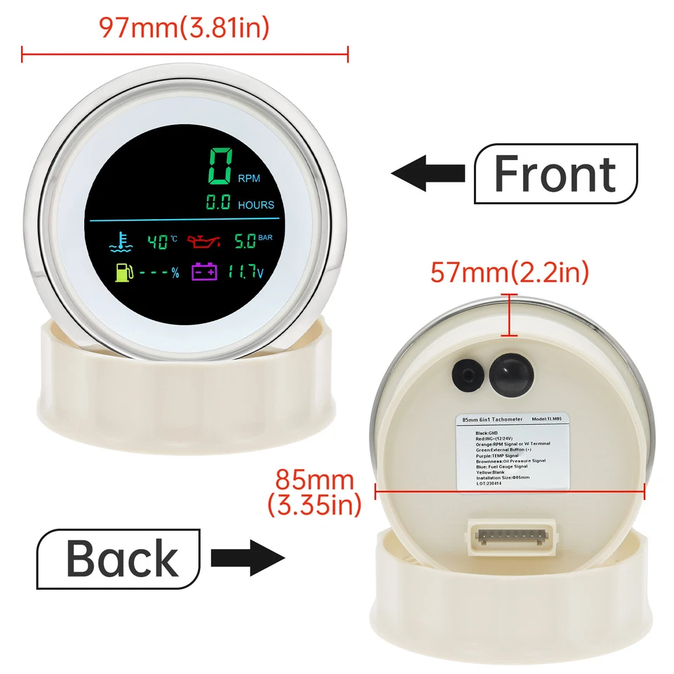 85mm Boat 6 in 1 Tachometer with Fuel Level Water Temp Oil Pressure Voltmeter - Image 3 of 4