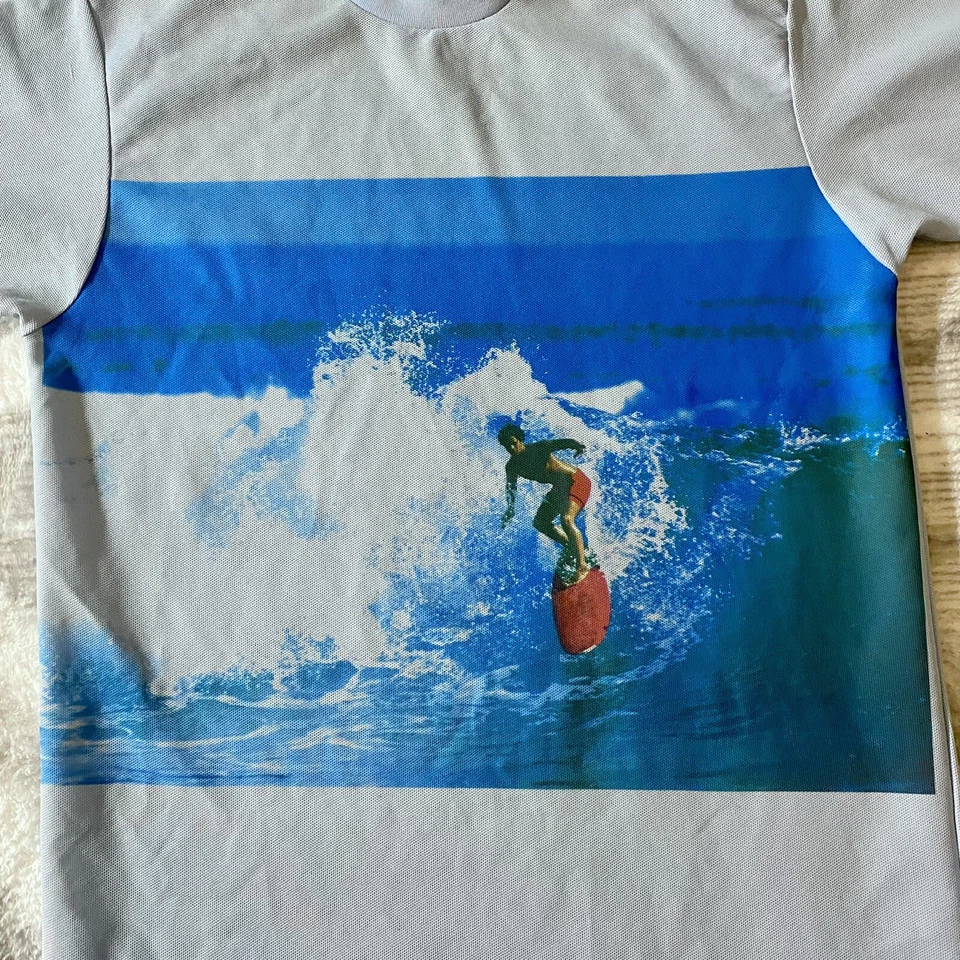 Camiseta tejida de una sola puntada de surfista con impresión fotográfica rara vintage de los años 70 azul claro talla L Foto 2 de 4