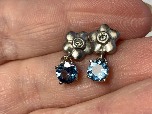 14K White Gold Diamond Earrings 2.95g Fine Jewelry Blue Topaz Color Stone Floral - Picture 12 of 20