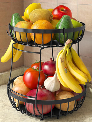 2 Tier Large Fruit Basket for Kitchen Counter with 2 Banana Hangers, Metal Stack