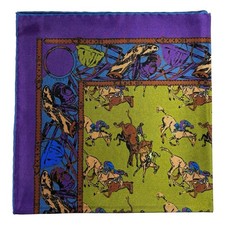 Green  Purple Polo Motif Ancient Madder Silk Pocket Square Hand-Rolled 