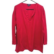 Chaps Red Linen Tunic Blouse XL V Neck Coastal Preppy Quiet Luxury Effortless