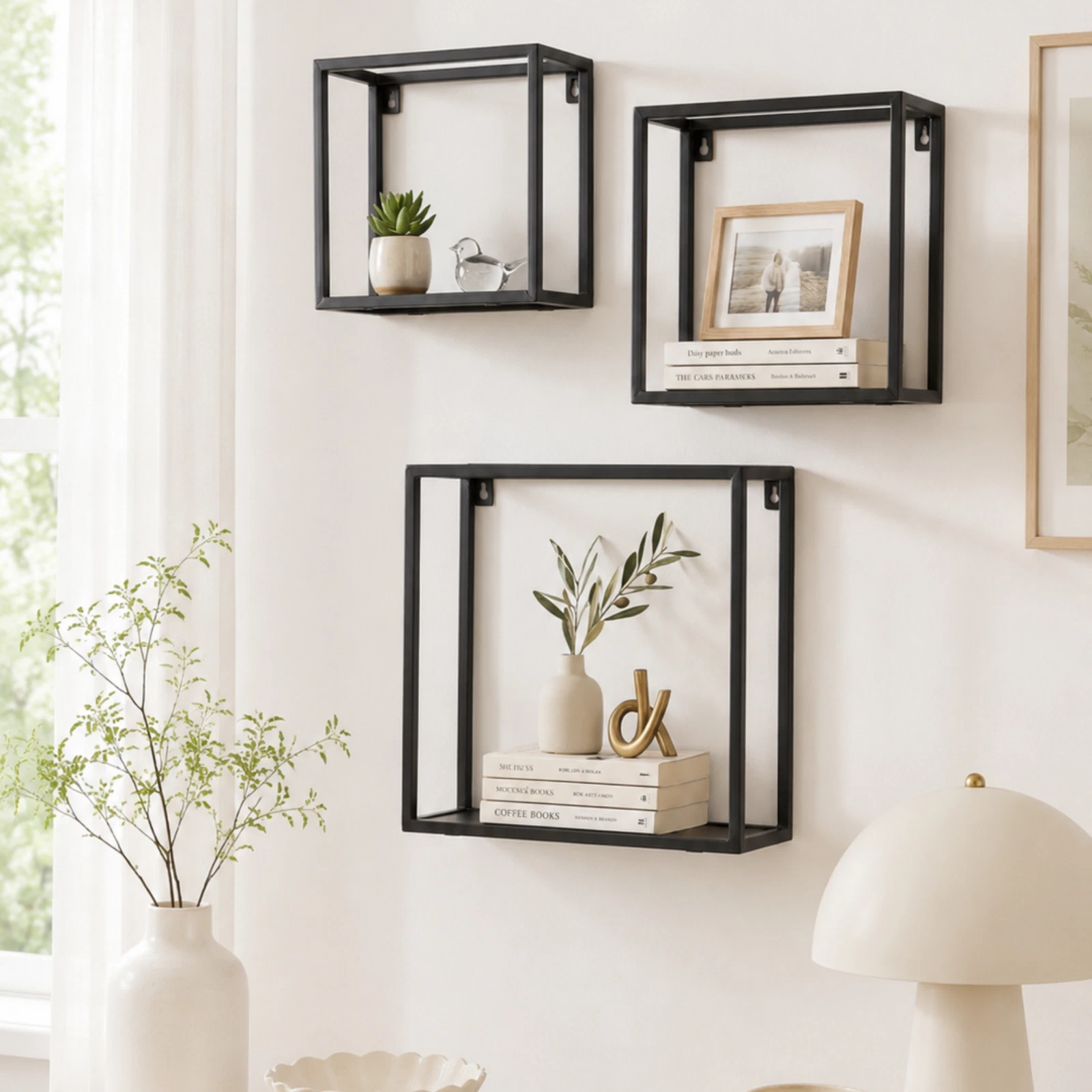 Set of 3 Floating Wall Shelves Black Metal Display Shelf Wall Mounted Storage