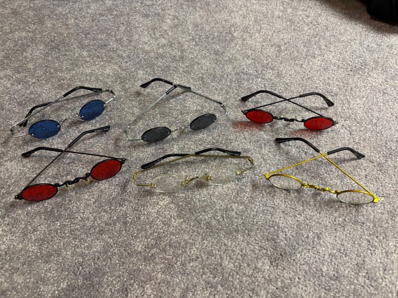 Vampire/Steampunk Costume Glasses, 2 w/Red Lenses, 1 Gray, 1 Blue, 2 Colorless