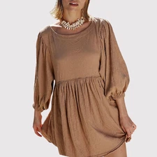 Free People Beach Dress Brown Get Obsessed Babydoll Mini Puff Sleeve A Line XS