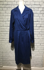 Talbots, Women 12 (L), Navy Blue Long Sleeve Cotton Blend Faux Wrap Shirt Dress