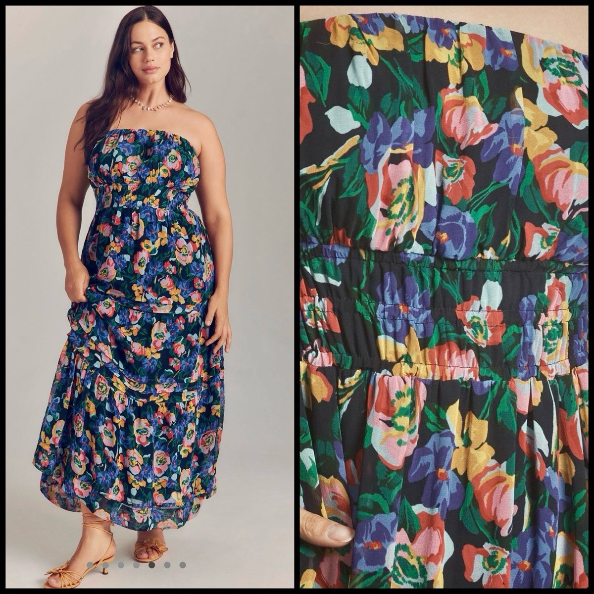 Anthropologie Somerset Chiffon Strapless Dress Black Floral LARGE Pretty  $178