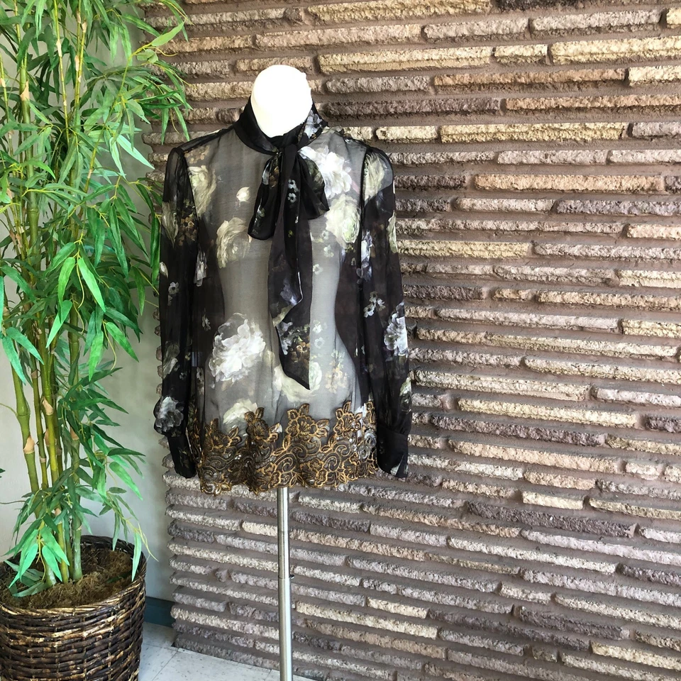 Blusa Per Se by Carlisle Marrón Transparente Dorado Floral 100% Seda Encaje Talla 10 Foto 2 de 4