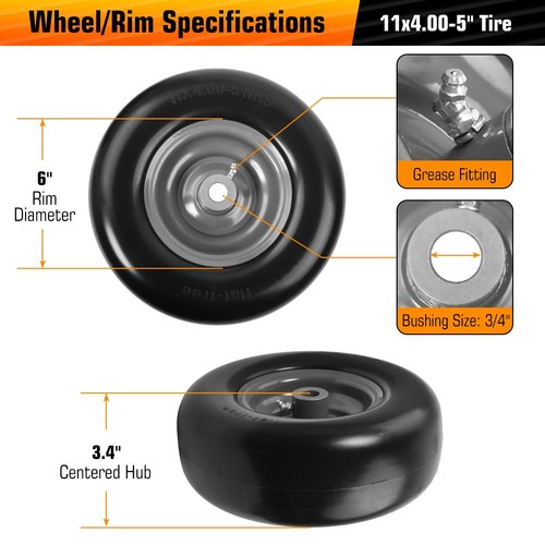 2 Pack 11x4.00-5 Lawn Mower Tire Flat Free 5" Centered Hub Load Capacity 300 Lbs - Picture 6 of 14