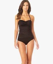Anne Cole Women' Solid Twist Front Shirred Bandeau Tankini Swim Top Black S 2005