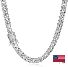 Men's 8mm White Gold Plated Stainless Steel Miami Cuban Link Chain CZ Necklace