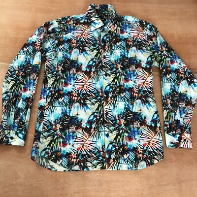 Jared Lang Hawaiian Shirt Men L Black Blue Floral Button Up Collared Long  Sleeve - Main Image