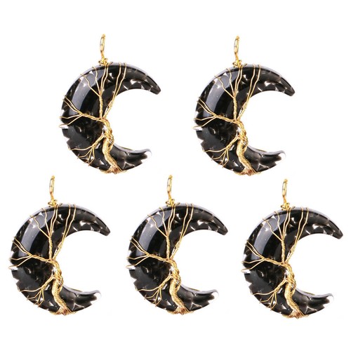 5pc Yoga Obsidian Stone Tree of Life Moon Pendant Energy Reiki Healing Amulet