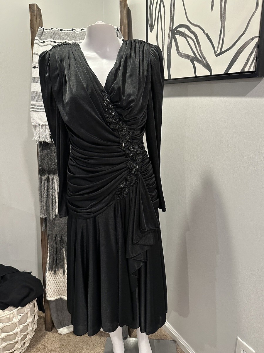 Filigree Black Draped Drop Waist Cocktail-Evening Dress Sequin Shoulder Pads 8 | eBay Filigree Black Draped Drop Waist Cocktail-Evening Dress Sequin Shoulder Pads 8 | eBay