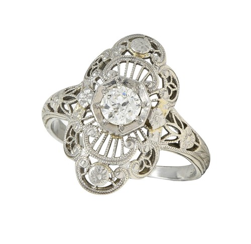 Anillo de cena Art Deco de diamantes de oro blanco de 18 quilates vintage en flor de azahar - Imagen 11 de 13