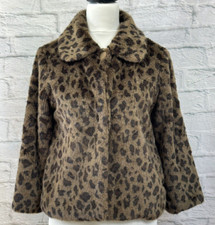 Yumi Faux Fur Jacket Short Coat Size S Brown Animal Print Furry Pockets Collared