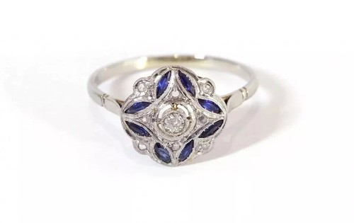 Antique Art Deco Lab Created & Sapphire 925 Silver Anniversary Gift Ring - Picture 2 of 5