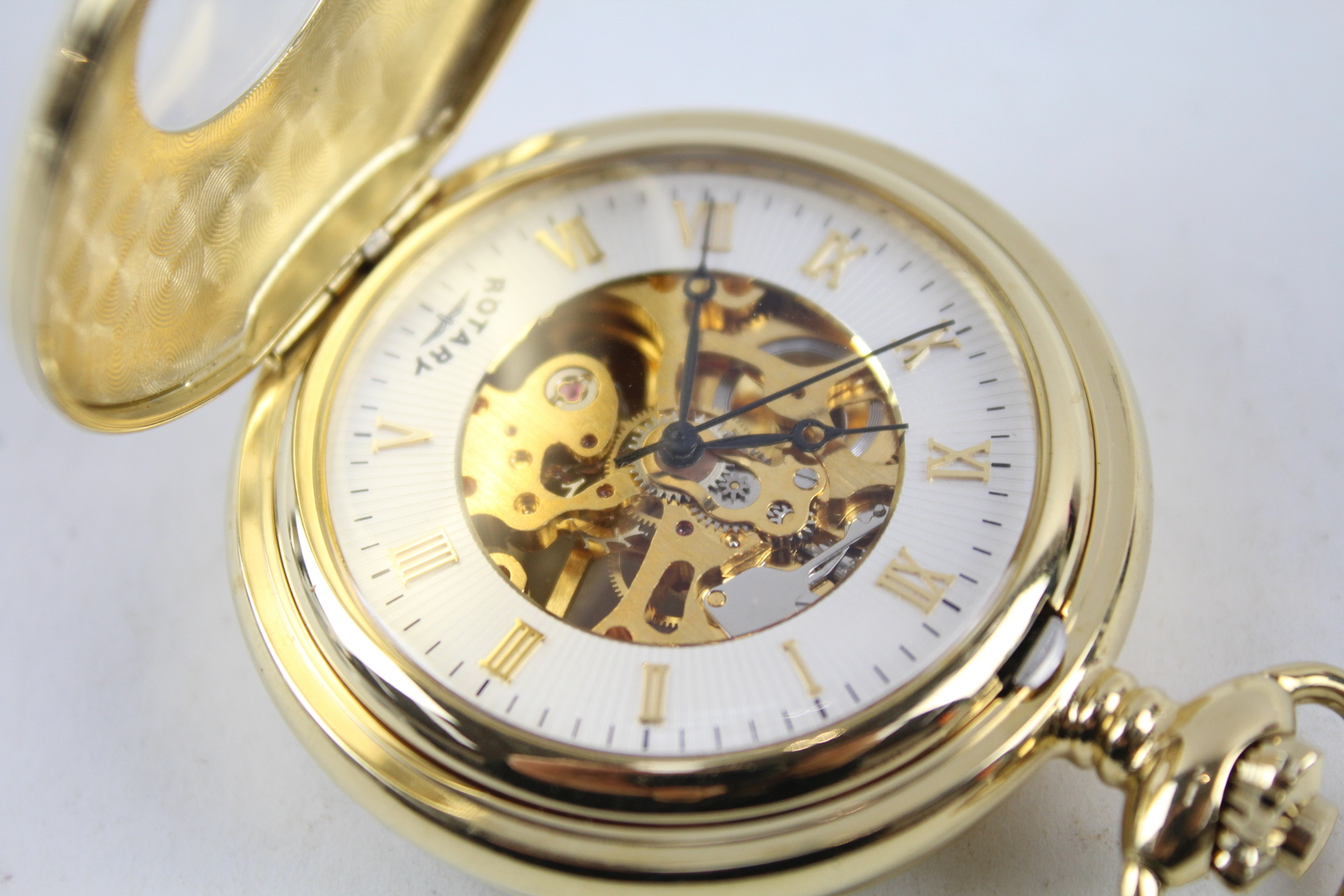 ROTARY Mens POCKET WATCH Half Hunter Skeleton Dial Handwind WORKING eBay