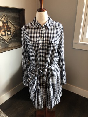 DRAPER JAMES Womens Blue Gingham Long Sleeve Belted Shirt Dress Size 14