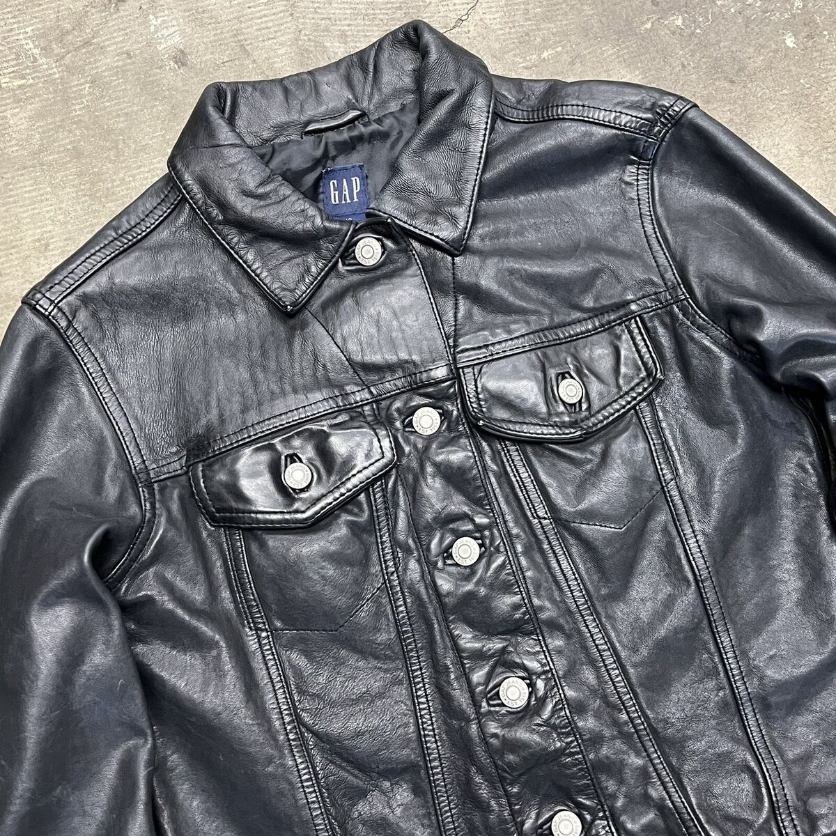 RARE Gap Vintage 1999 Y2K Black Dyed Leather Trucker RARE Gap Vintage 1999 Y2K Black Dyed Leather Trucker