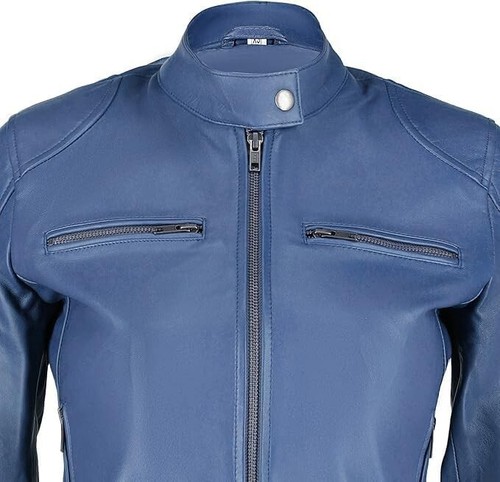 Blue Leather Jacket for women, Genuine Real leather Biker Moto Slim Fit jacket - Picture 4 of 7