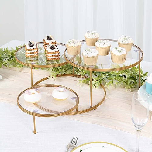 ORO TRANSPARENTE 23" Redondo 3 Niveles Metal Pastel SOPORTE POSTRE Platos Acrílicos Fiesta Eventos - Imagen 8 de 8