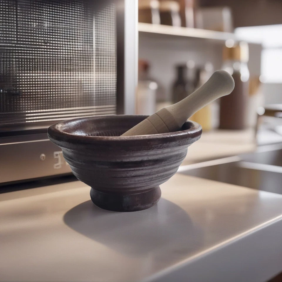 Juego de mortero de cerámica y mortero de madera - Pequeño cuenco de molienda Suribachi Foto 3 de 3
